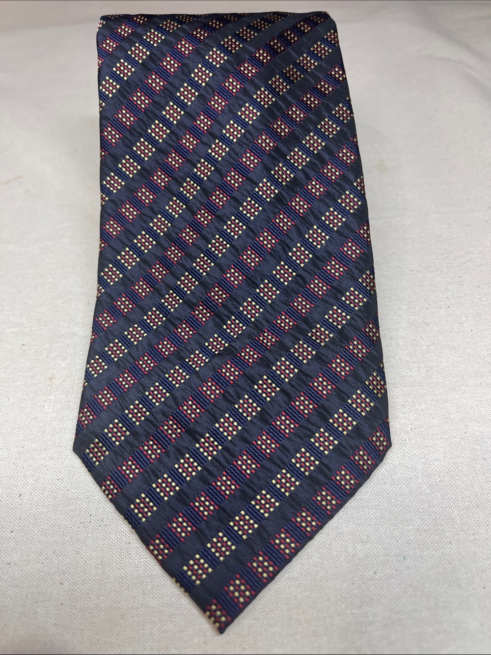 Barneys New York Navy Silk Tie with Red and Gold Dot Grid